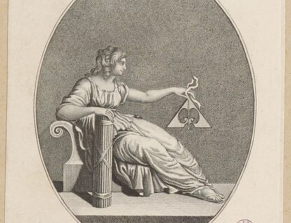 etching of the european personification of "justice"; a lounging woman with stylized triangular scales; Egalité