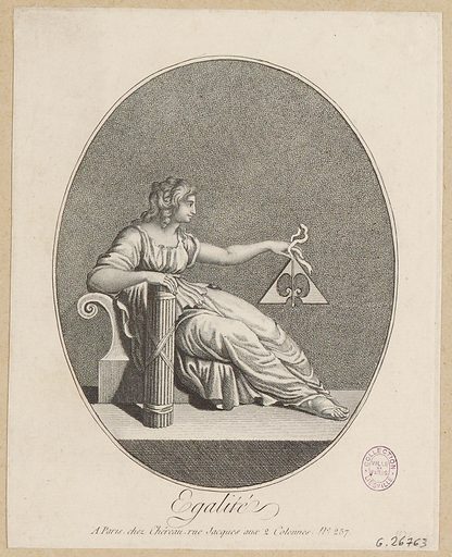 etching of the european personification of "justice"; a lounging woman with stylized triangular scales; Egalité